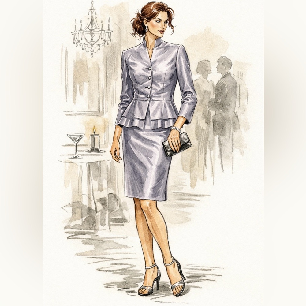 J Peterman Silk Shantung Suit Set 6 Silvery Lilac 90s Peplum Jacket Skirt